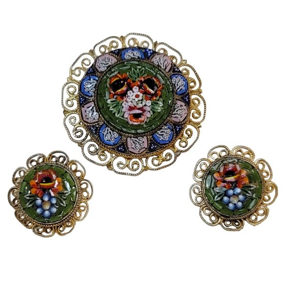 Mosaic Filigree Edge Flower Brooch And Clip-On Earrings, Signed Set K982